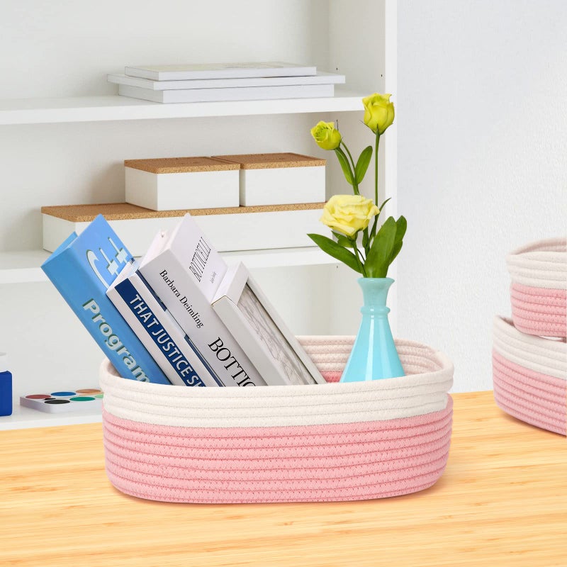 HLWDFLZ 7 Piece Cotton Rope Woven Basket Set - Small Basket for Baby Nursery, Pets, Montessori, Dog & Cat Toy Boxes, Bathroom Organization Bins (White/Pink) - Image 5